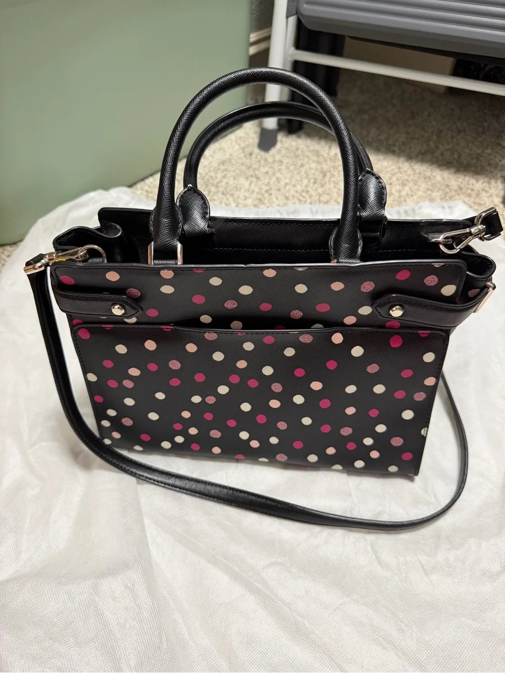 kate spade Black Leather Crossbody Tote with Pink and Cream Polka Dots